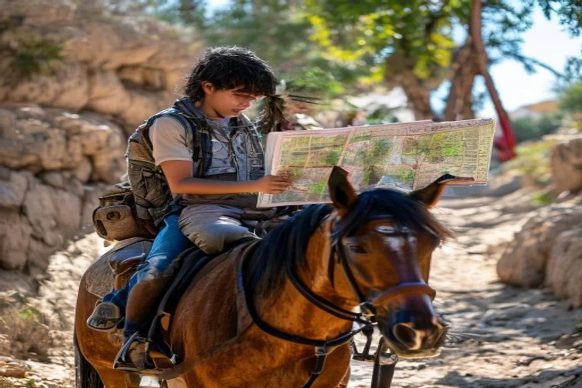 مراهق يقرأ خريطة أثناء ركوب الخيل في طريق مفتوح